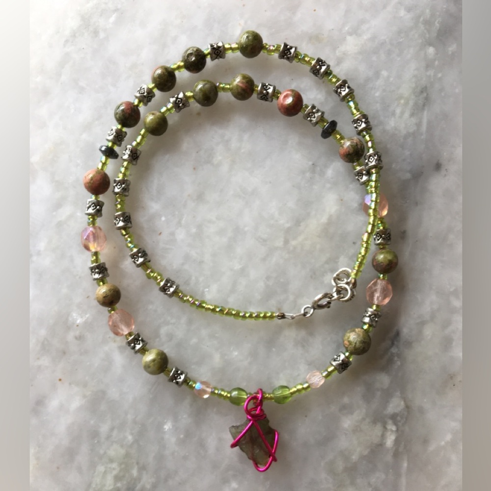 Natural Moldavite Necklace with Unakite Stones, Czech Crystals & Wire Wrapped π - Picture 10 of 15